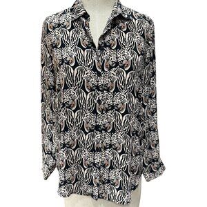 Monki Women’s Jungle Cat Print Button-Up Blouse Black White Beige Size Small